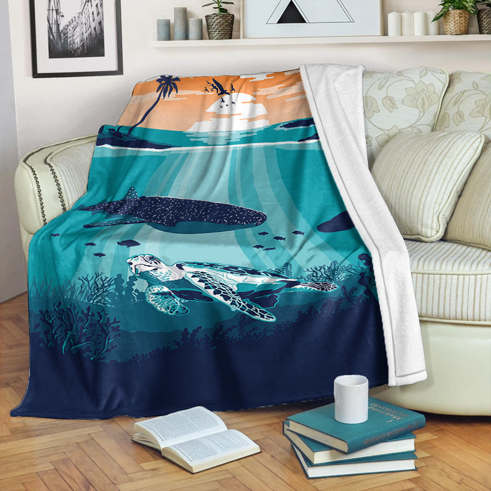 Hawaii Premium Blanket Whale And Turtle In Sunset Polynesian-Myprintsy