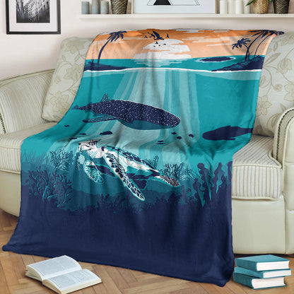 Hawaii Premium Blanket Whale And Turtle In Sunset Polynesian-Myprintsy