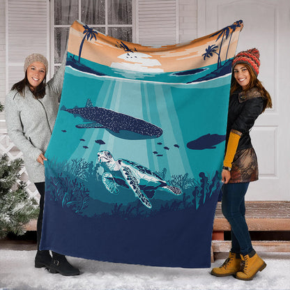 Hawaii Premium Blanket Whale And Turtle In Sunset Polynesian-Myprintsy