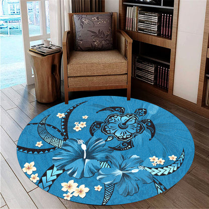 Hawaii Round Rug Blue Honu Hibiscus Island Harmony