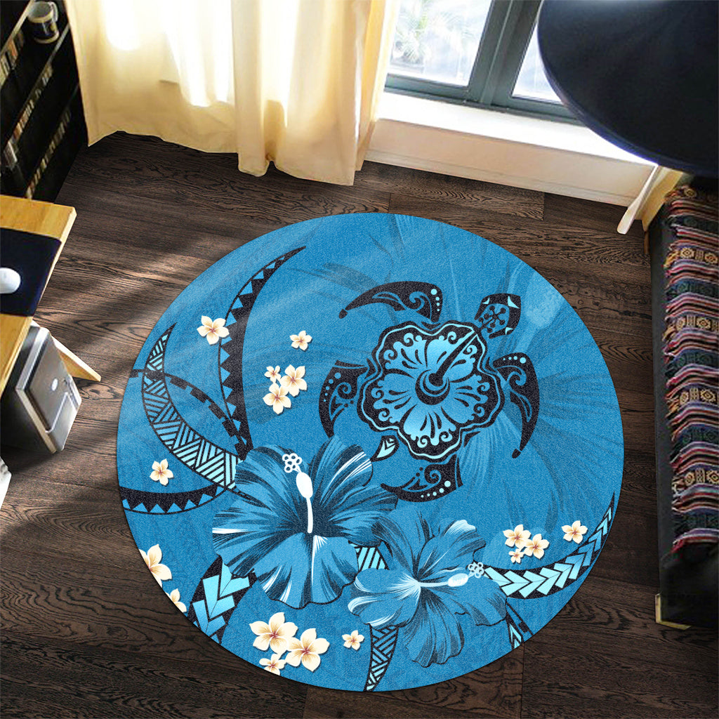 Hawaii Round Rug Blue Honu Hibiscus Island Harmony