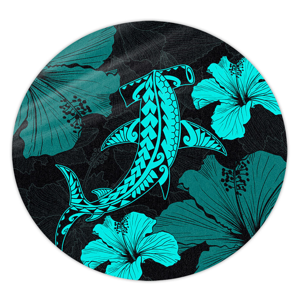 Hawaii Round Rug Hammerhead Shark Hibiscus Flower-Myprintsy