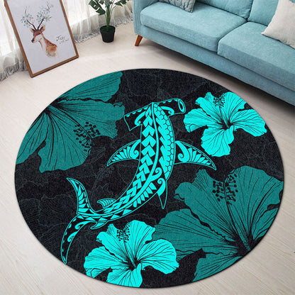 Hawaii Round Rug Hammerhead Shark Hibiscus Flower-Myprintsy