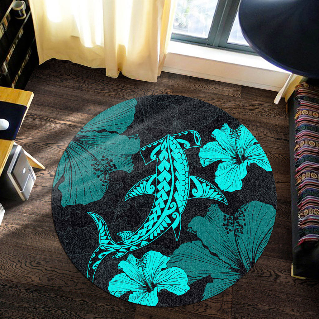 Hawaii Round Rug Hammerhead Shark Hibiscus Flower-Myprintsy