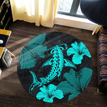 Hawaii Round Rug Hammerhead Shark Hibiscus Flower-Myprintsy