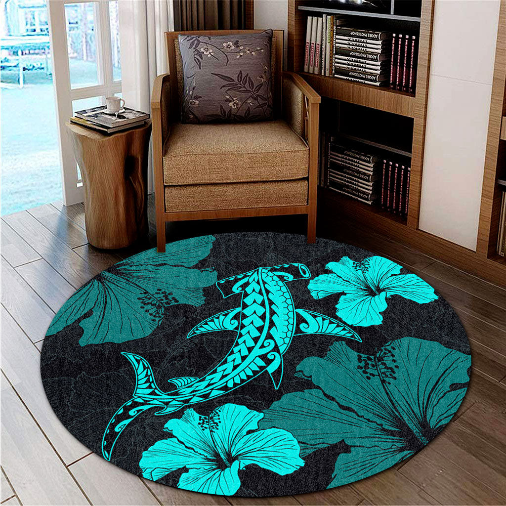 Hawaii Round Rug Hammerhead Shark Hibiscus Flower-Myprintsy