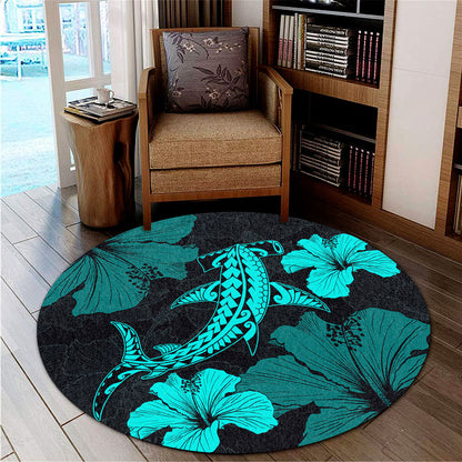 Hawaii Round Rug Hammerhead Shark Hibiscus Flower-Myprintsy