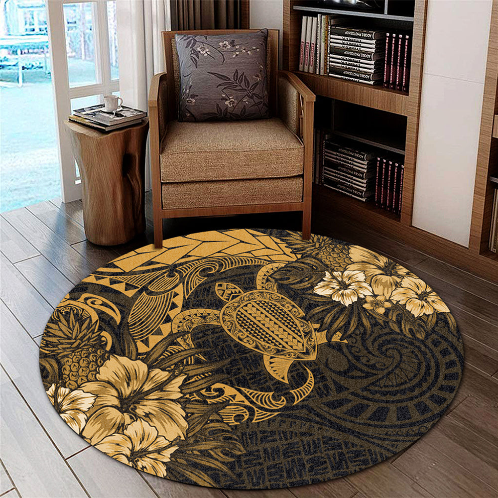 Hawaii Round Rug Hawaii Polynesian Turtle Tropical Golden
