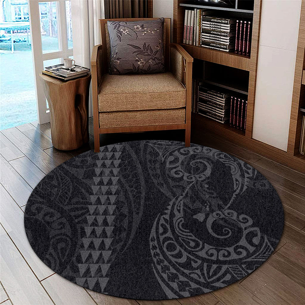 Hawaii Round Rug Hawaiian Map Kakau Style Gray-Myprintsy