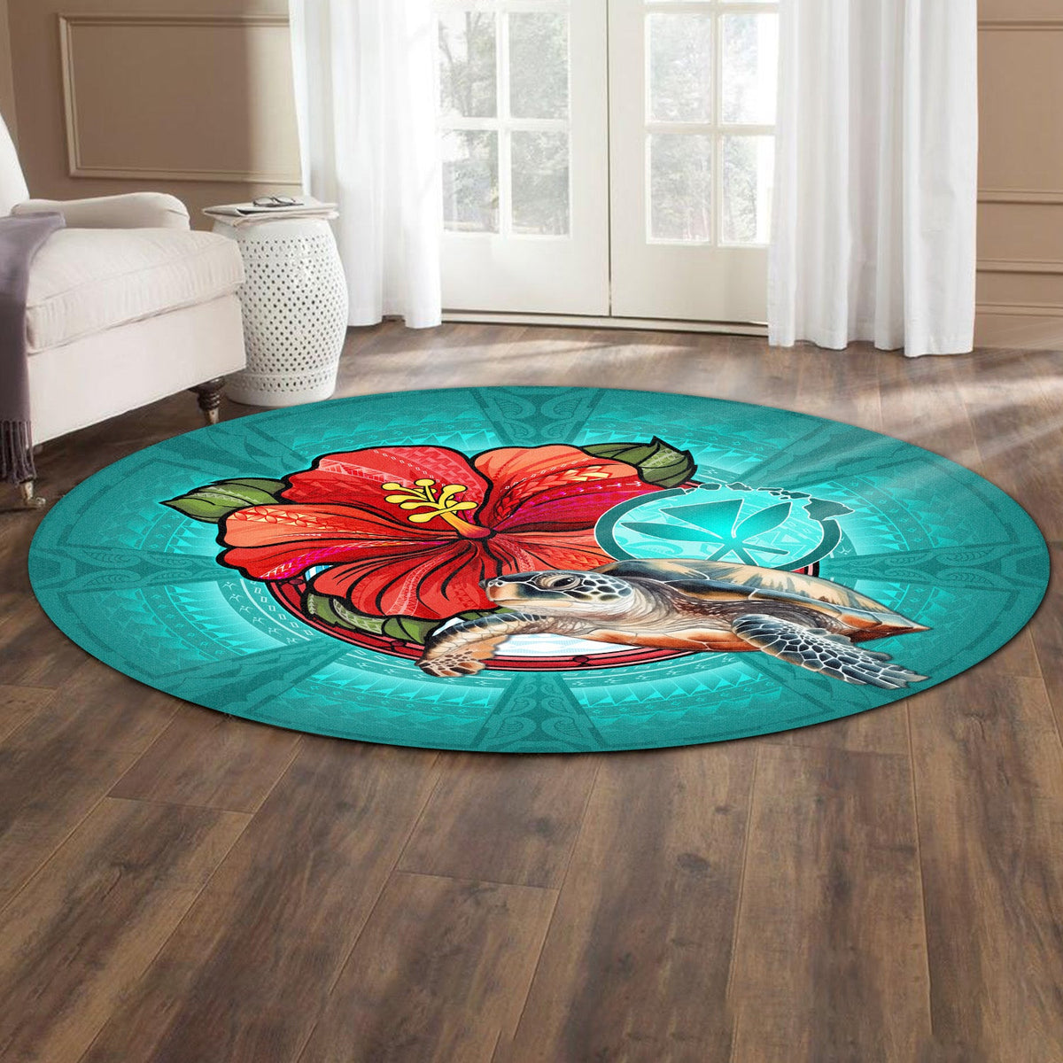 Hawaii Round Rug Hawaiian Map Turtle Hibiscus Flowers Polynesian Patterns Style-Myprintsy
