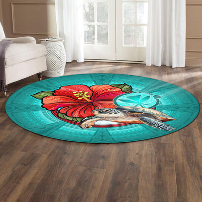 Hawaii Round Rug Hawaiian Map Turtle Hibiscus Flowers Polynesian Patterns Style-Myprintsy