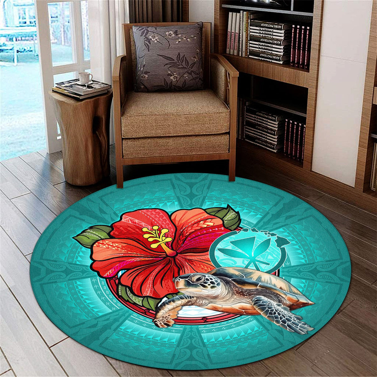 Hawaii Round Rug Hawaiian Map Turtle Hibiscus Flowers Polynesian Patterns Style-Myprintsy