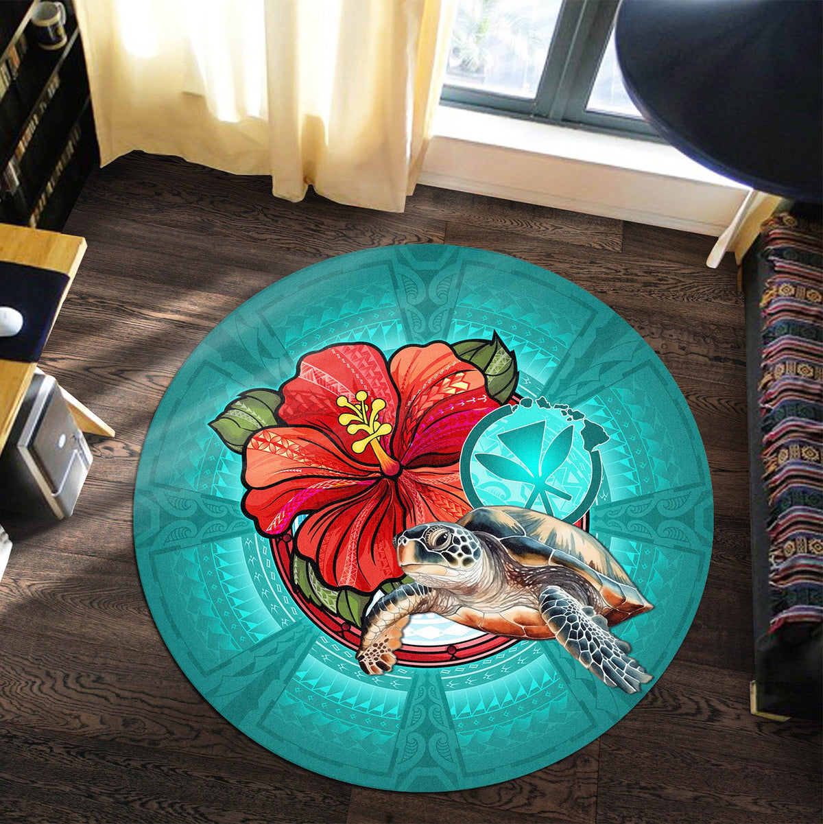 Hawaii Round Rug Hawaiian Map Turtle Hibiscus Flowers Polynesian Patterns Style-Myprintsy