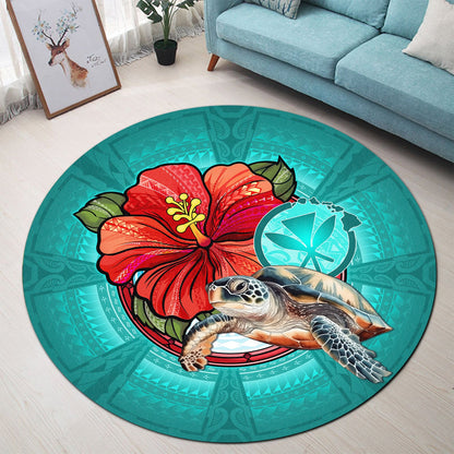 Hawaii Round Rug Hawaiian Map Turtle Hibiscus Flowers Polynesian Patterns Style-Myprintsy