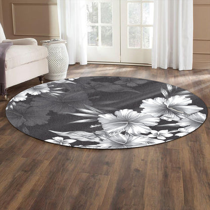 Hawaii Round Rug Hibiscus B&W