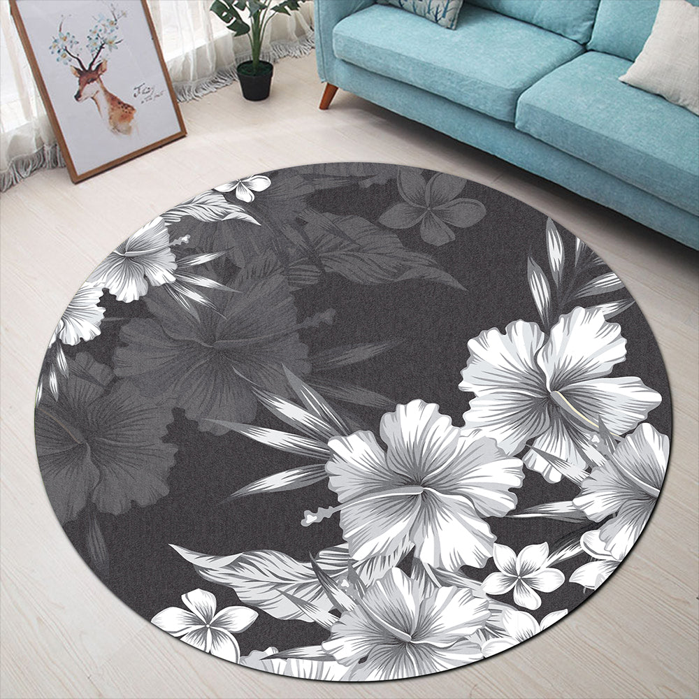 Hawaii Round Rug Hibiscus B&W