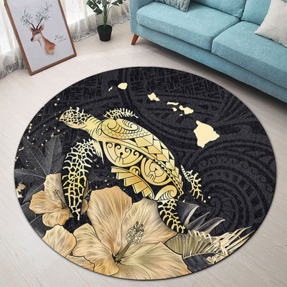 Hawaii Round Rug Turtle Hibiscus Gold