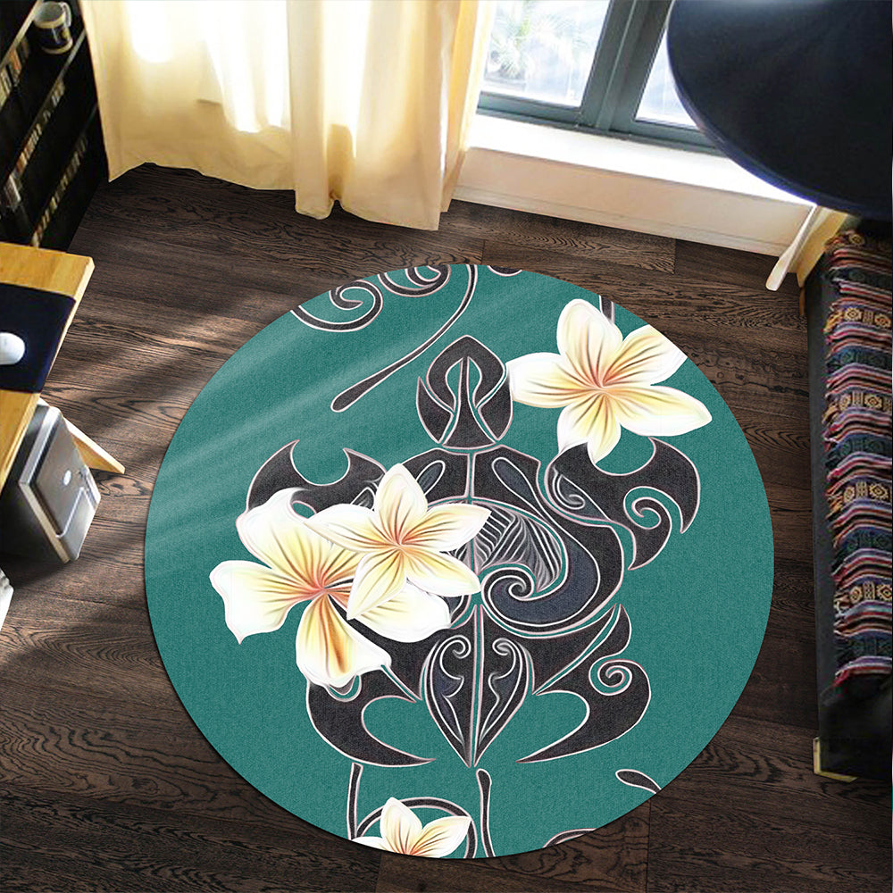 Hawaii Round Rug Turtle Poly Trinal Plumeria Turquoise-Myprintsy