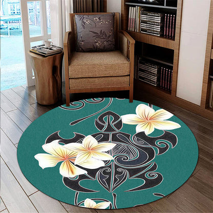 Hawaii Round Rug Turtle Poly Trinal Plumeria Turquoise-Myprintsy