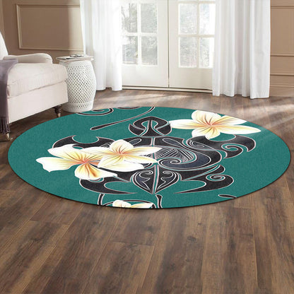 Hawaii Round Rug Turtle Poly Trinal Plumeria Turquoise-Myprintsy