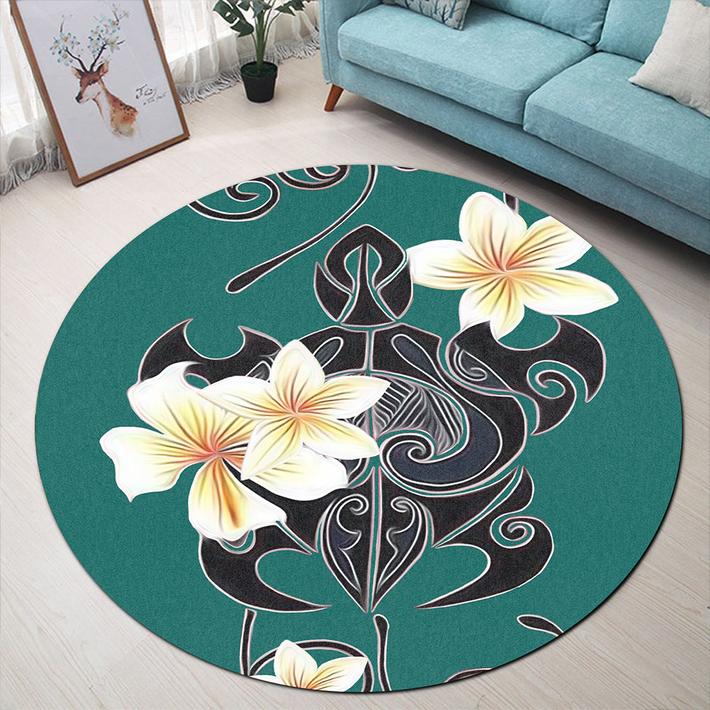 Hawaii Round Rug Turtle Poly Trinal Plumeria Turquoise-Myprintsy