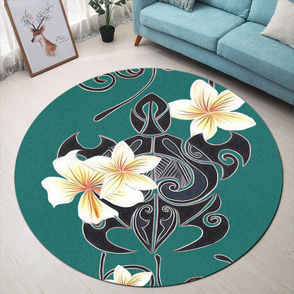 Hawaii Round Rug Turtle Poly Trinal Plumeria Turquoise-Myprintsy