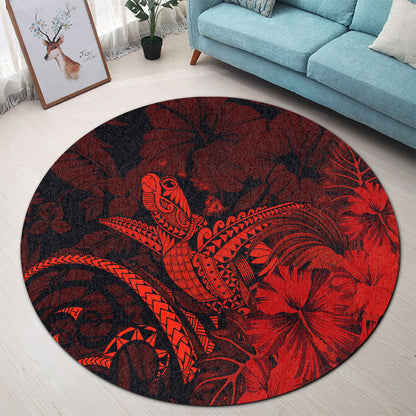 Hawaii Round Rug Turtle Polynesian With Hibiscus Flower