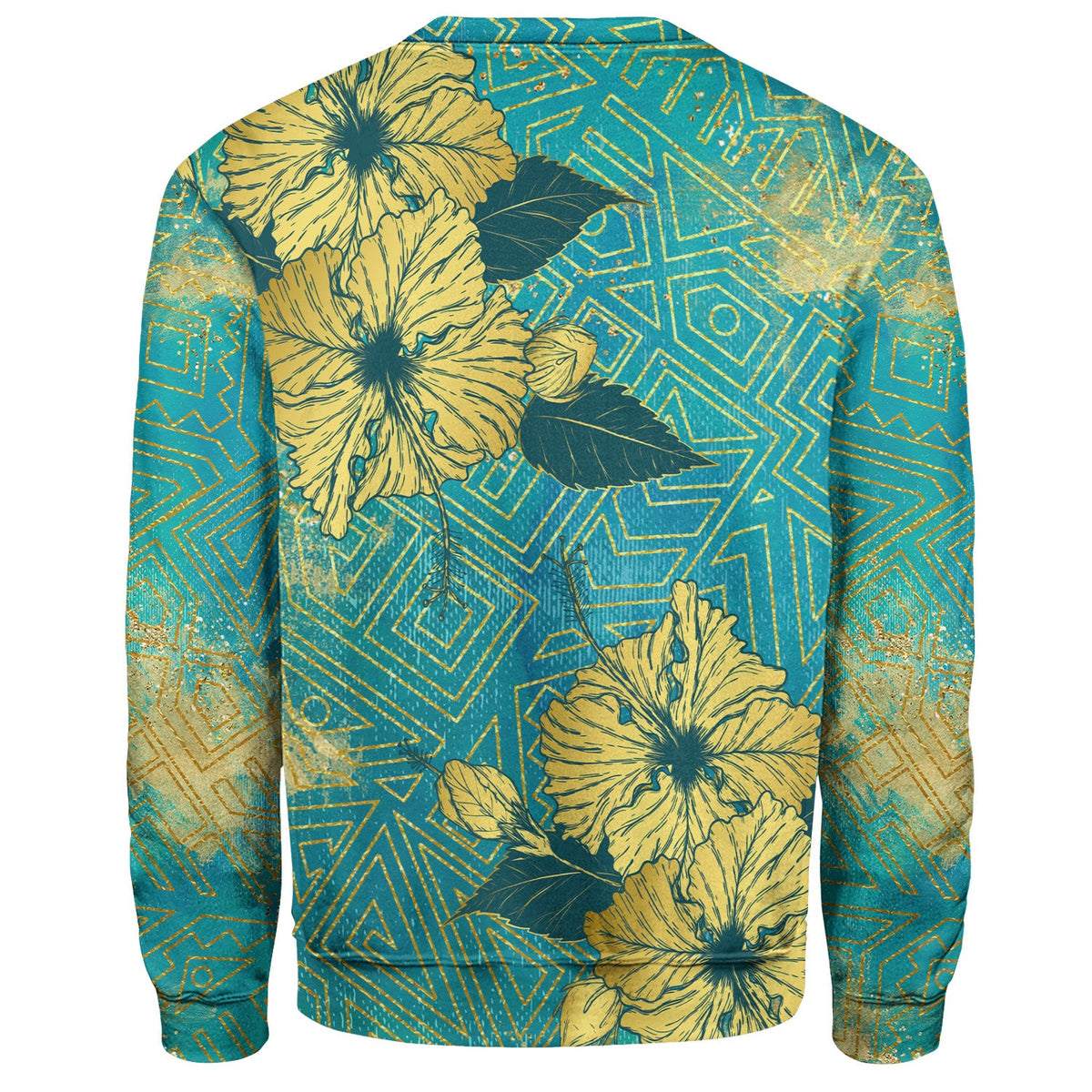 Hawaii Sweatshirt Golden Hibiscus Turquoise Color Tribal Pattern-Myprintsy