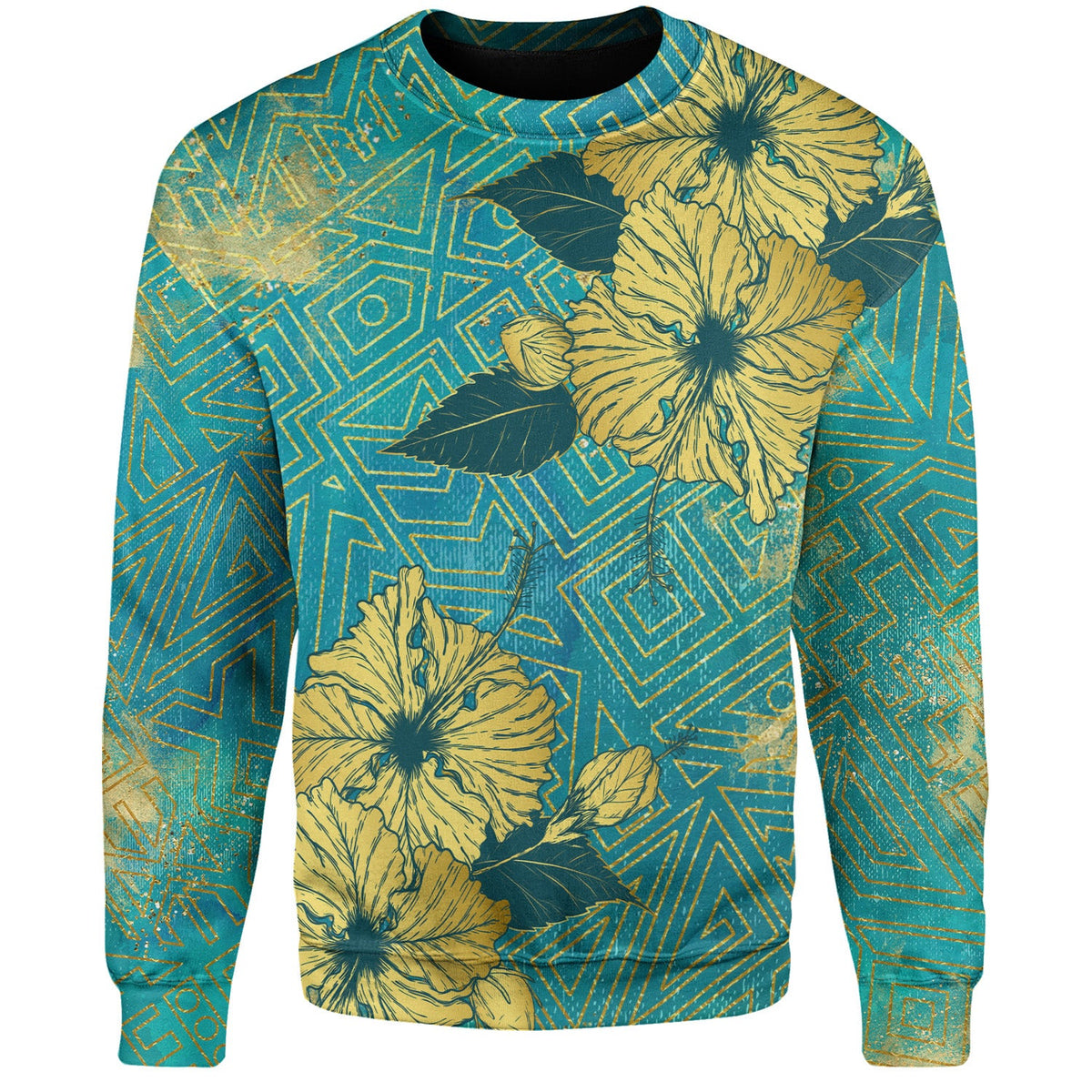 Hawaii Sweatshirt Golden Hibiscus Turquoise Color Tribal Pattern-Myprintsy