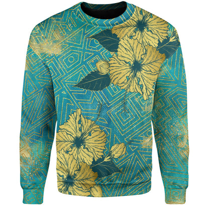 Hawaii Sweatshirt Golden Hibiscus Turquoise Color Tribal Pattern-Myprintsy