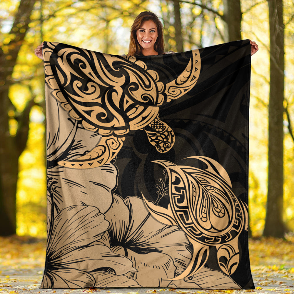 Hawaii Turtle Premium Blanket Polynesian Hibiscus Art Gold-Myprintsy