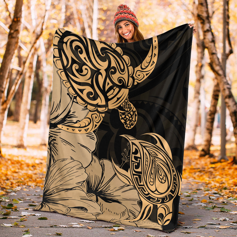 Hawaii Turtle Premium Blanket Polynesian Hibiscus Art Gold-Myprintsy