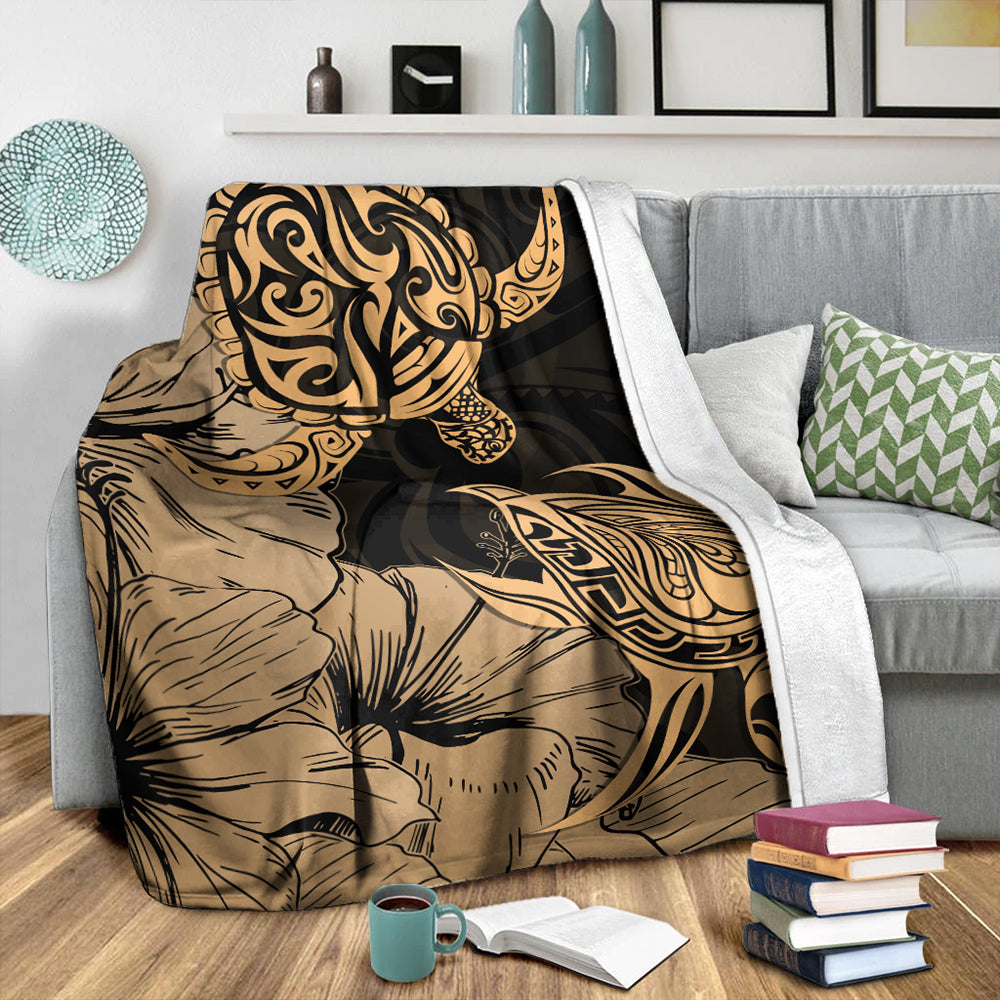 Hawaii Turtle Premium Blanket Polynesian Hibiscus Art Gold-Myprintsy