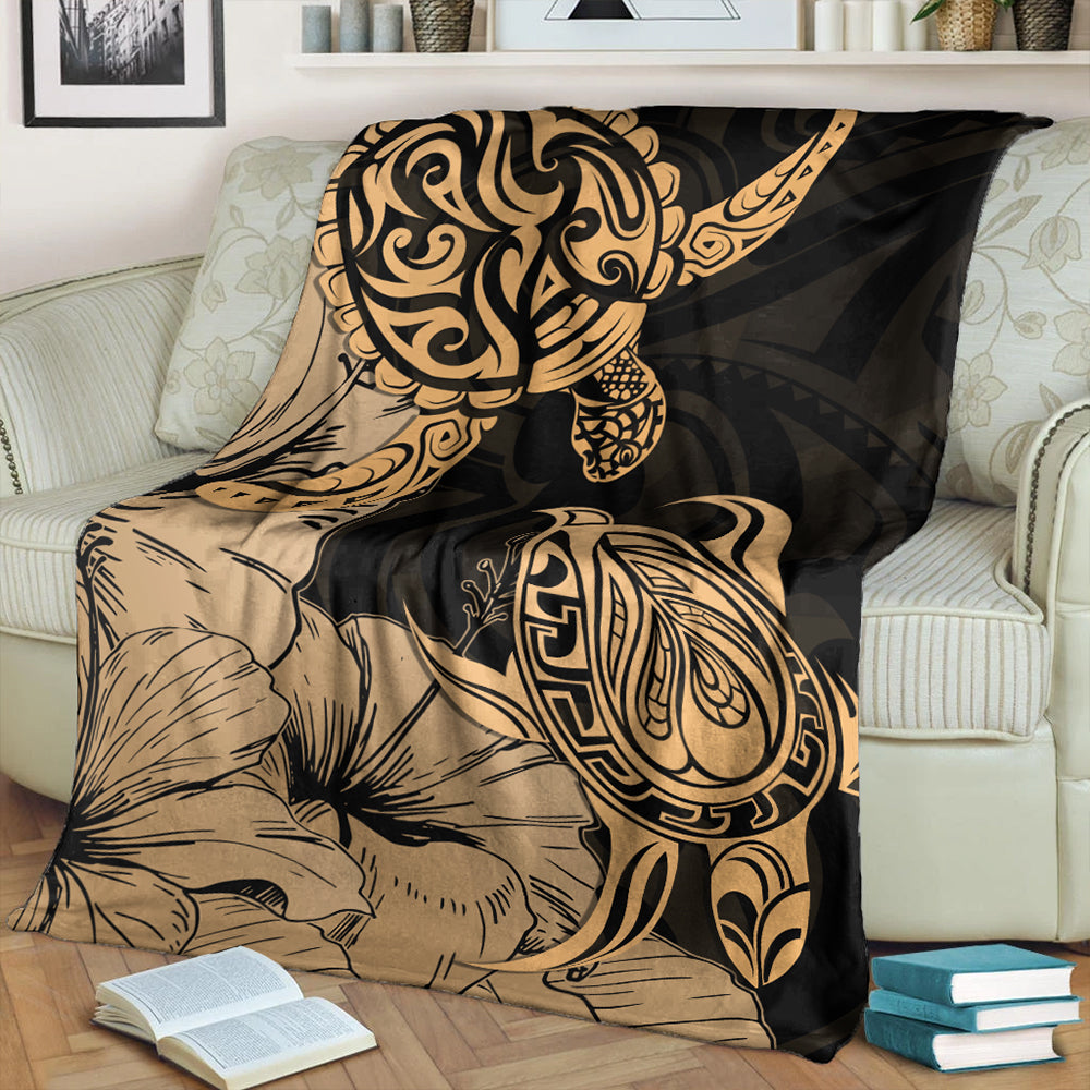 Hawaii Turtle Premium Blanket Polynesian Hibiscus Art Gold-Myprintsy