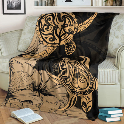 Hawaii Turtle Premium Blanket Polynesian Hibiscus Art Gold-Myprintsy