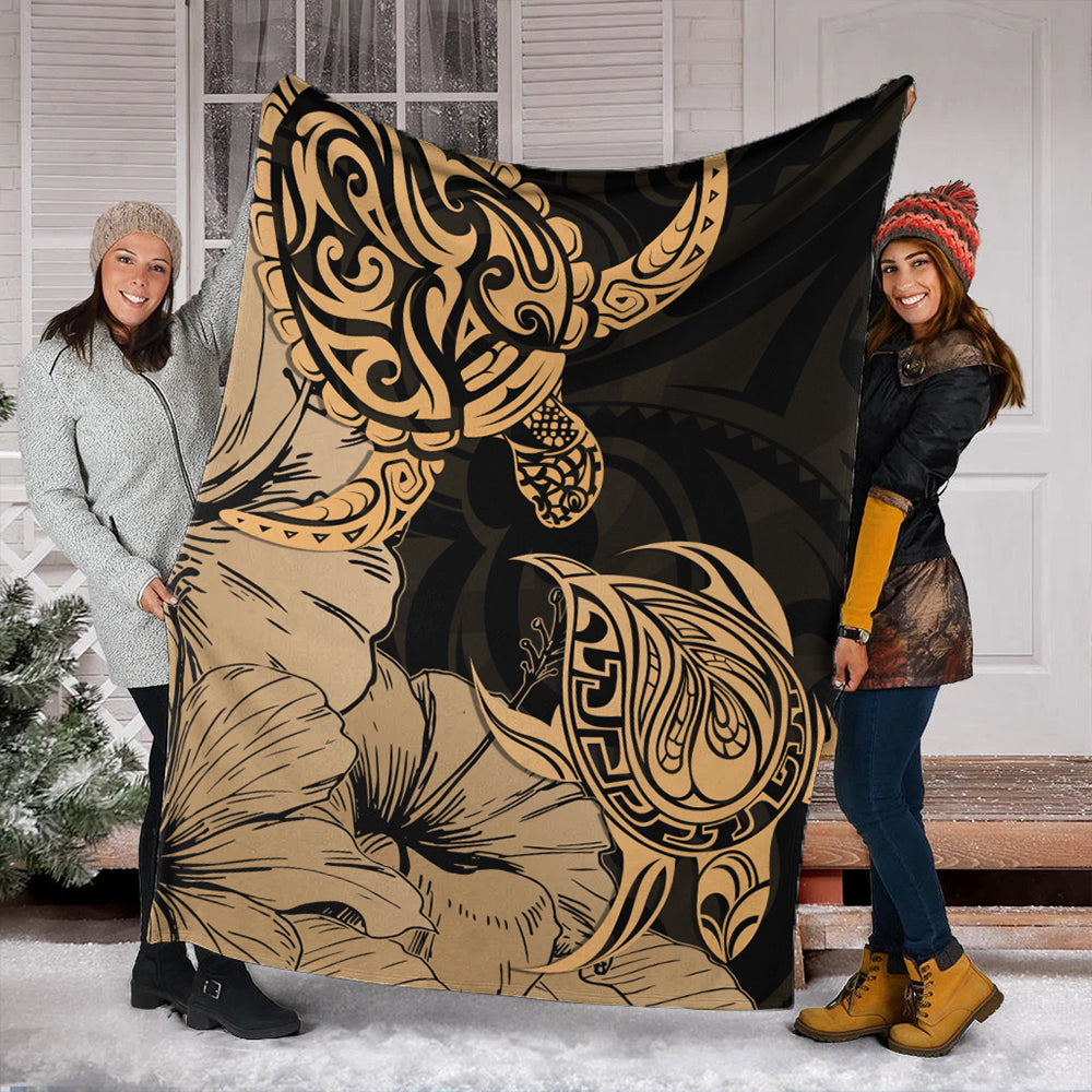 Hawaii Turtle Premium Blanket Polynesian Hibiscus Art Gold-Myprintsy