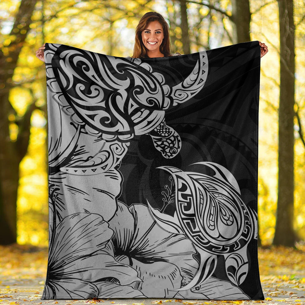 Hawaii Turtle Premium Blanket Polynesian Hibiscus Art Gray-Myprintsy