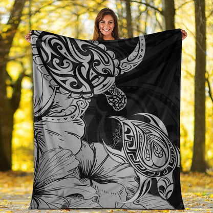 Hawaii Turtle Premium Blanket Polynesian Hibiscus Art Gray-Myprintsy
