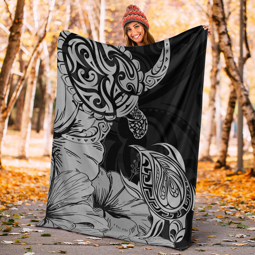 Hawaii Turtle Premium Blanket Polynesian Hibiscus Art Gray-Myprintsy