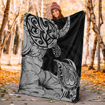 Hawaii Turtle Premium Blanket Polynesian Hibiscus Art Gray-Myprintsy