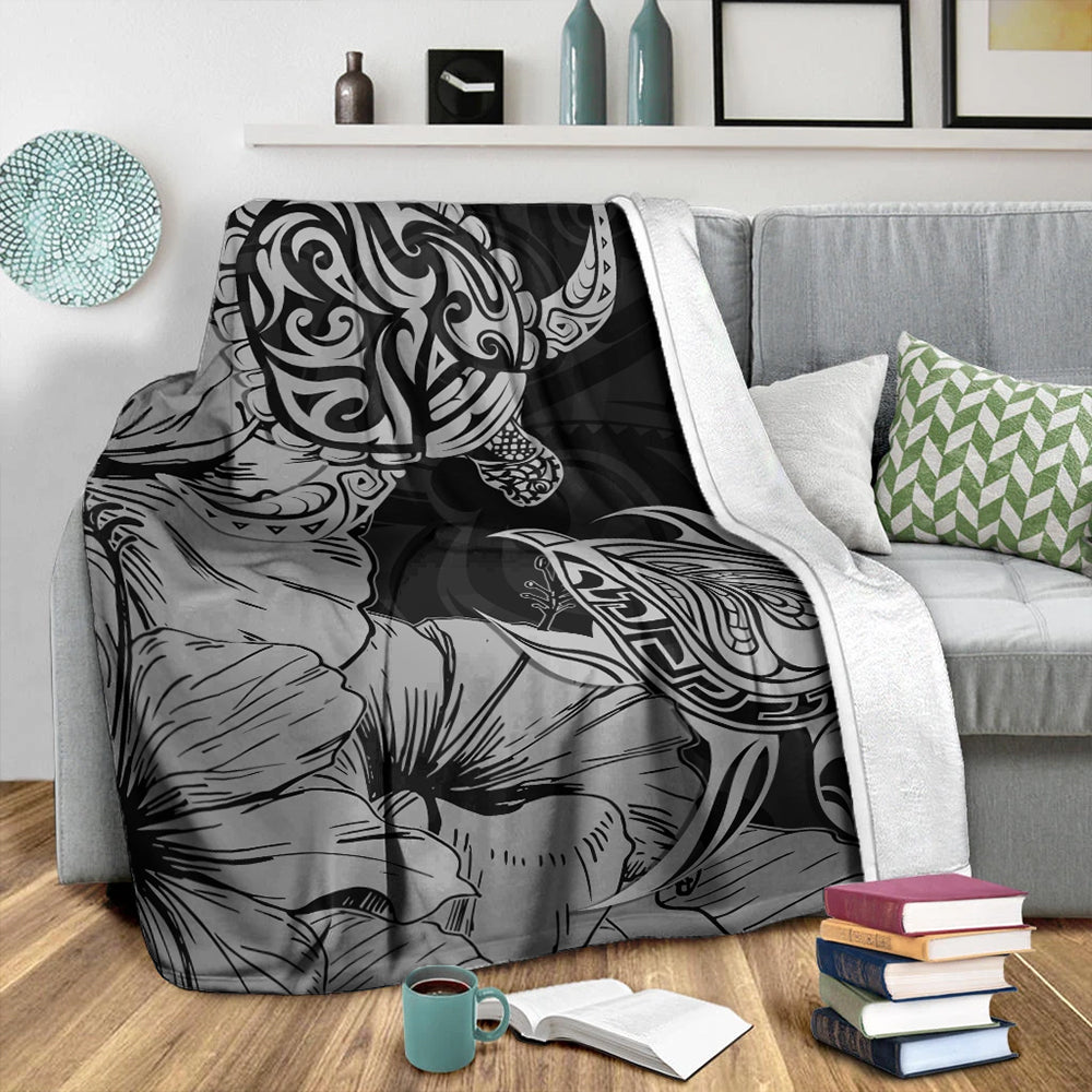Hawaii Turtle Premium Blanket Polynesian Hibiscus Art Gray-Myprintsy