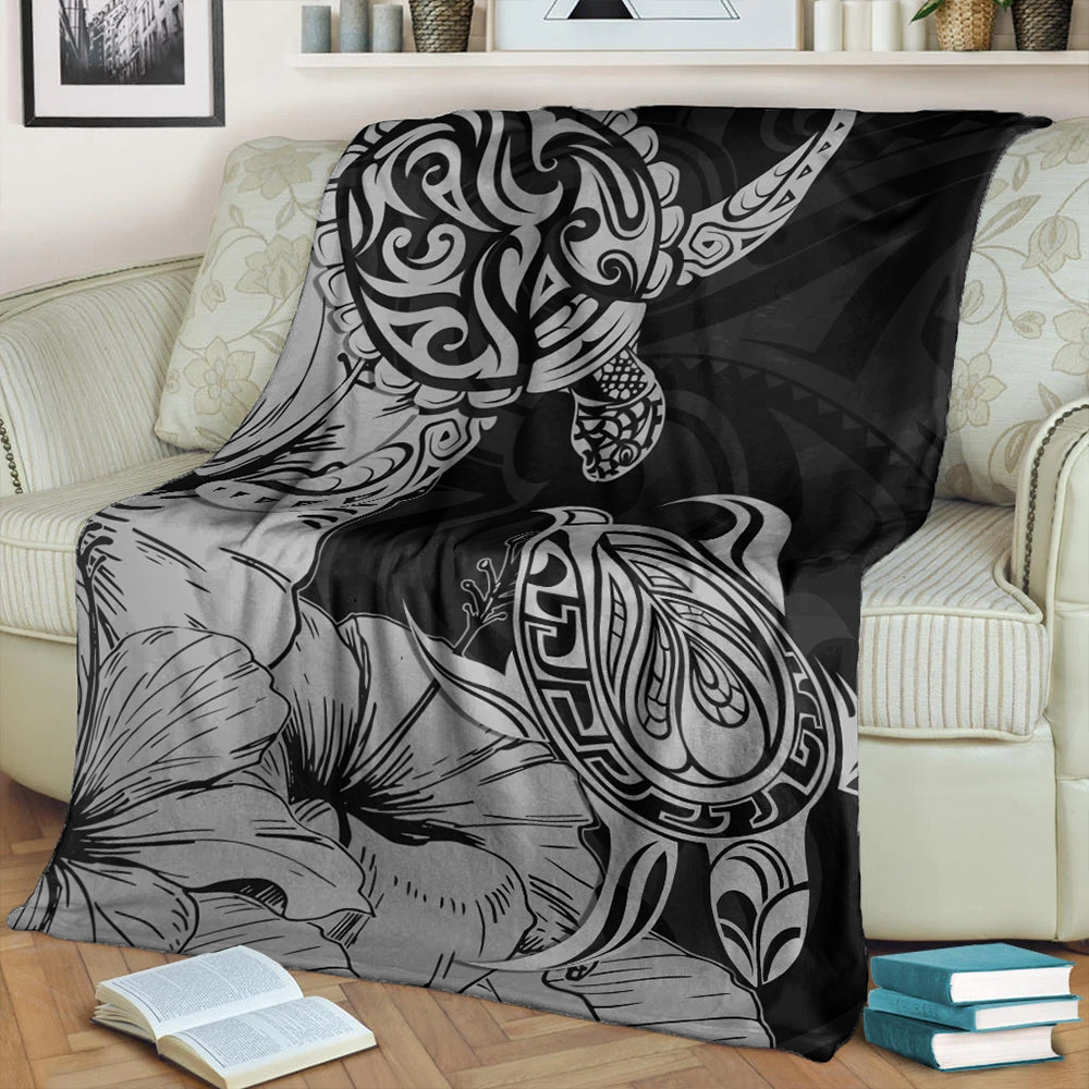 Hawaii Turtle Premium Blanket Polynesian Hibiscus Art Gray-Myprintsy