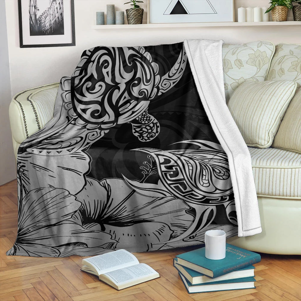 Hawaii Turtle Premium Blanket Polynesian Hibiscus Art Gray-Myprintsy