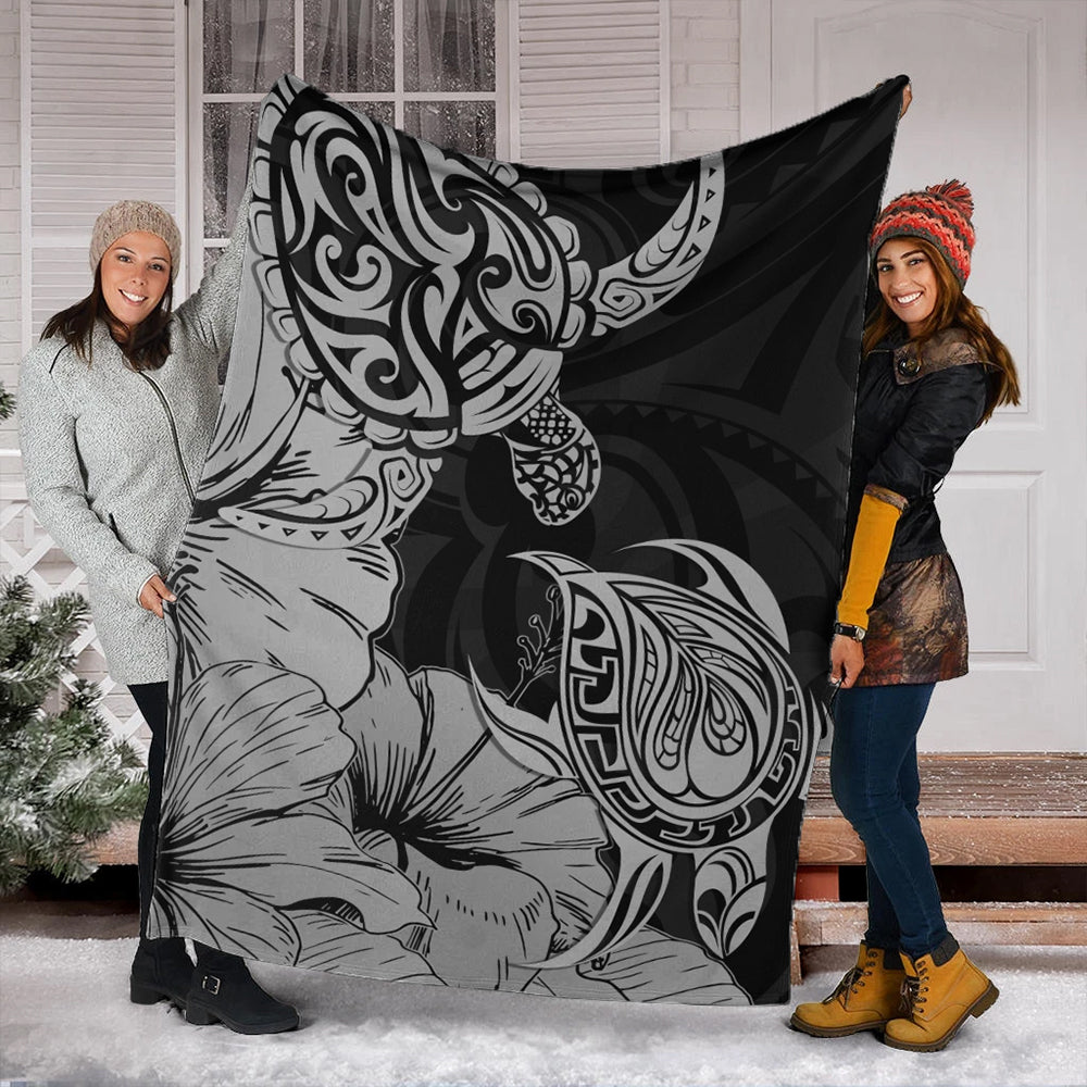 Hawaii Turtle Premium Blanket Polynesian Hibiscus Art Gray-Myprintsy