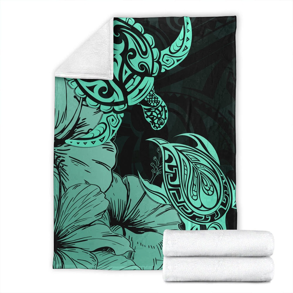 Hawaii Turtle Premium Blanket Polynesian Hibiscus Art Turquoise-Myprintsy