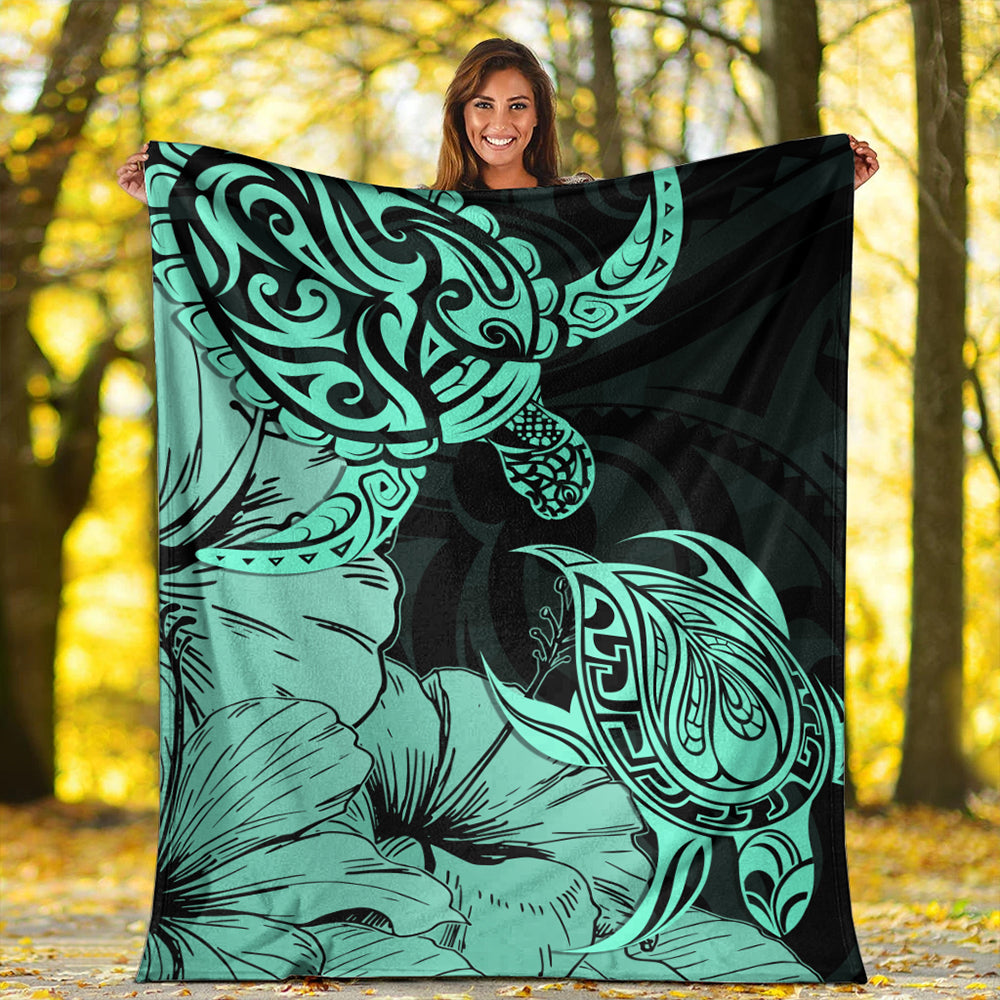 Hawaii Turtle Premium Blanket Polynesian Hibiscus Art Turquoise-Myprintsy