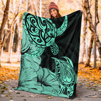 Hawaii Turtle Premium Blanket Polynesian Hibiscus Art Turquoise-Myprintsy