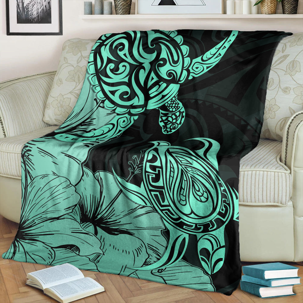 Hawaii Turtle Premium Blanket Polynesian Hibiscus Art Turquoise-Myprintsy