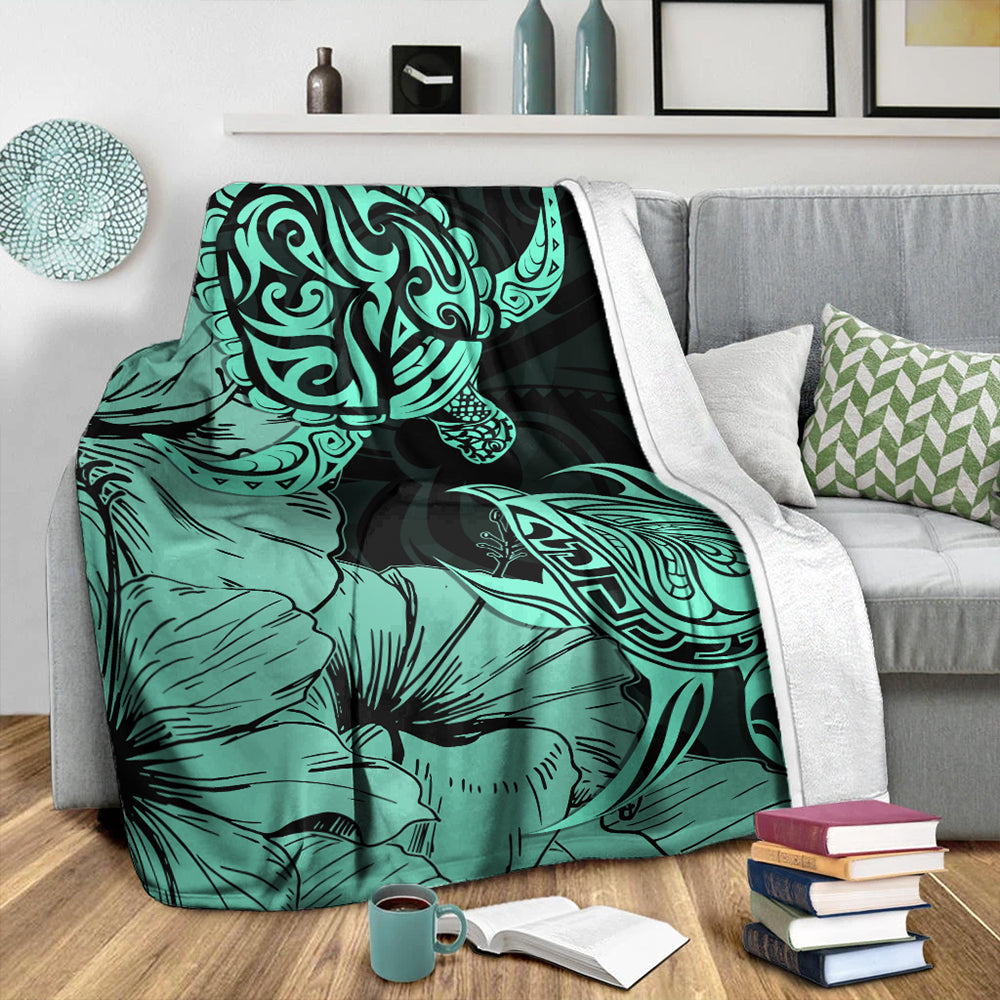 Hawaii Turtle Premium Blanket Polynesian Hibiscus Art Turquoise-Myprintsy