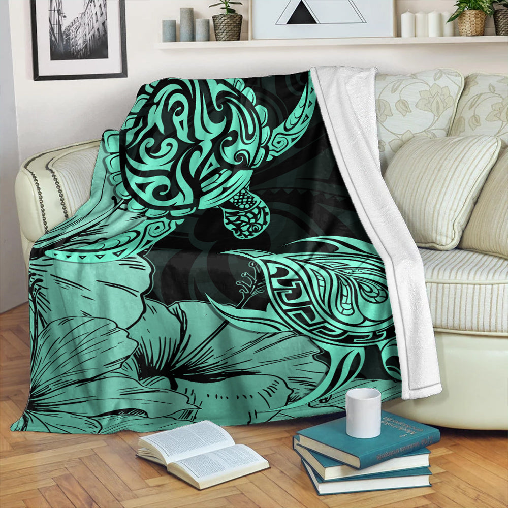 Hawaii Turtle Premium Blanket Polynesian Hibiscus Art Turquoise-Myprintsy